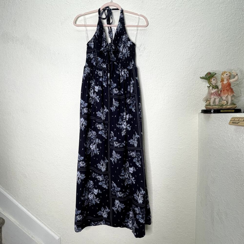 Universal Thread Womens S Black Floral Smocked Halter Maxi Dress Cotton Boho